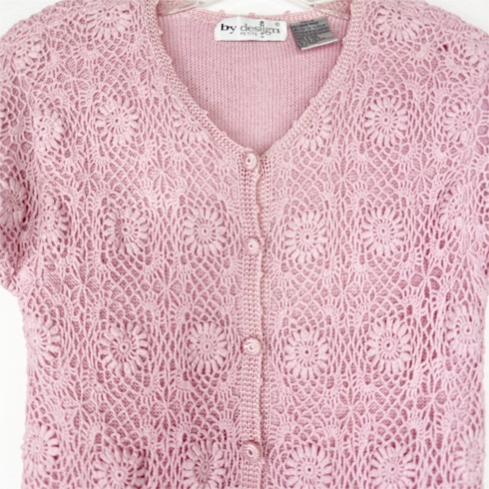 Pink Floral Crochet Short Sleeve Button Front Cardigan Sweater Petite